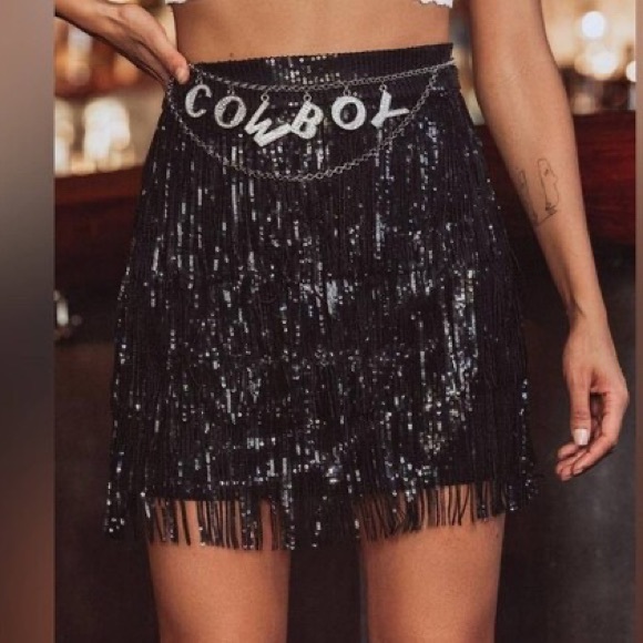 NWT 12th Tribe Festival Black Fringe Sequence Skirt - Picture 3 of 13